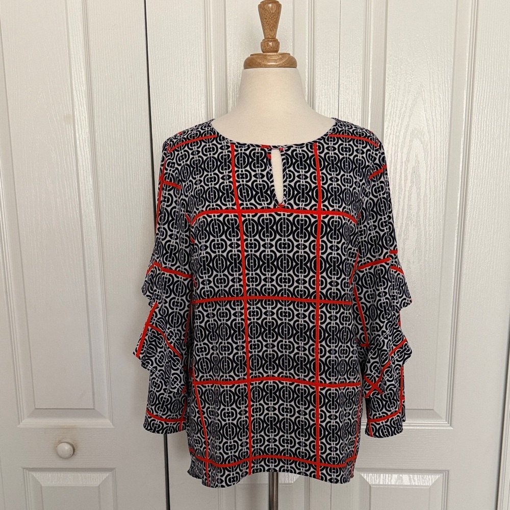 Chaus Navy & Orange Geometric Ruffle Sleeve Blouse – Size Medium